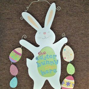 EASTER bunny stops here eggs hanging decoration sign 15.5" X 8"